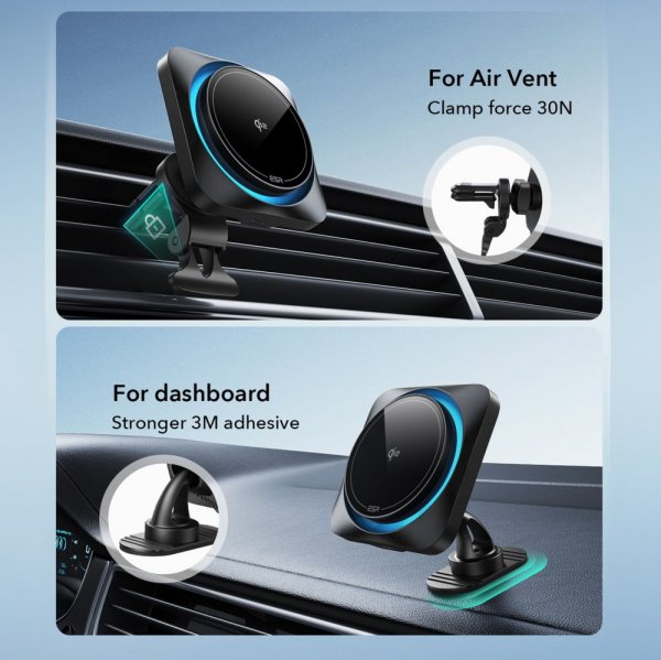 ESR Mobilholder til bil Qi2 Air Vent/Dashboard Wireless Car Charger CryBoost HaloLock Svart