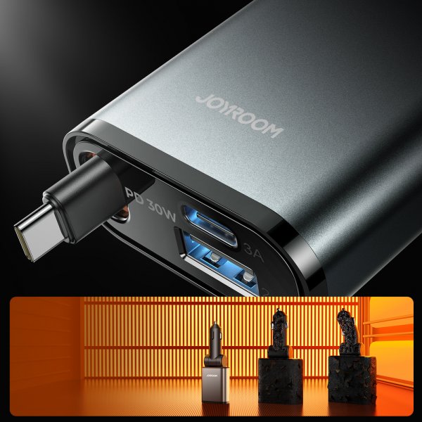 Joyroom 65W billader med innebygd USB-kabel og USB-A/USB-C-porter grå