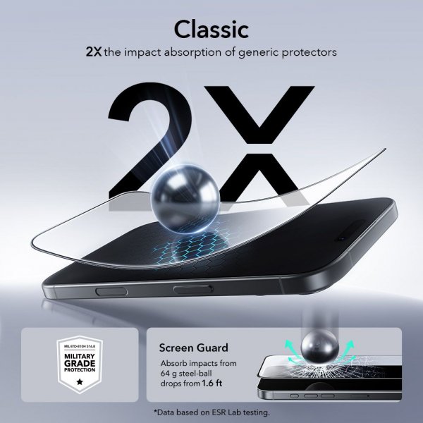 ESR iPhone 16 Pro/iPhone 17 Skjermbeskytter UltraFit 2-pakning