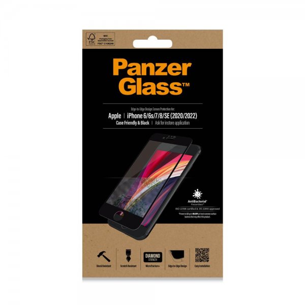 PanzerGlass iPhone 6/6S/7/8/SE Skjermbeskytter Case Friendly Svart