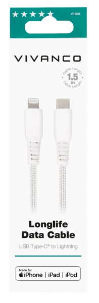 Vivanco Kabel Longlife Braided USB-C/Lightning 1.5m Hvit