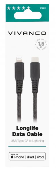 Vivanco Kabel Longlife Braided USB-C/Lightning 1.5m Svart