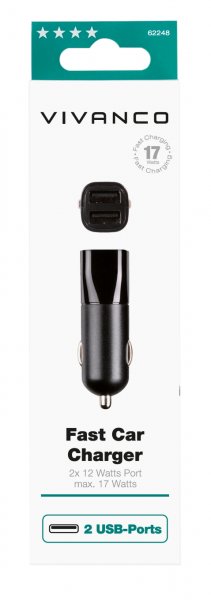 Vivanco Mobillader til bil Fast Car Charger 2xUSB-A 17W Svart