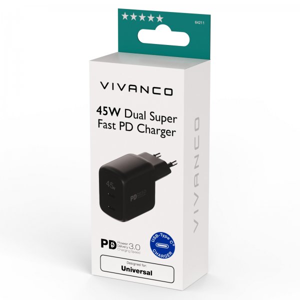 Vivanco Lader 45W Dual Super Fast PD Charger Svart