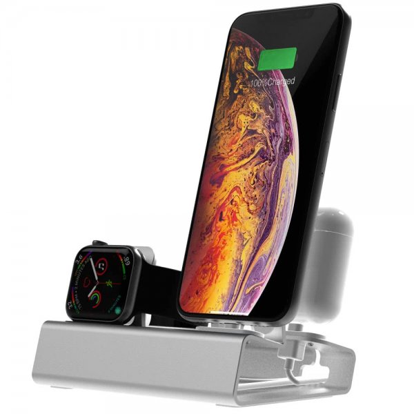 3-i-1 Holder för iPhone. Apple Watch och AirPods Sølv