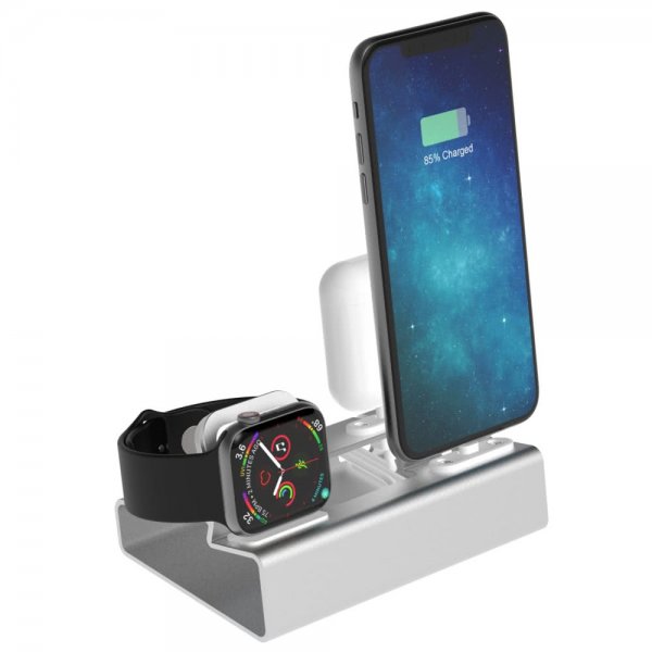 3-i-1 Holder för iPhone. Apple Watch och AirPods Sølv