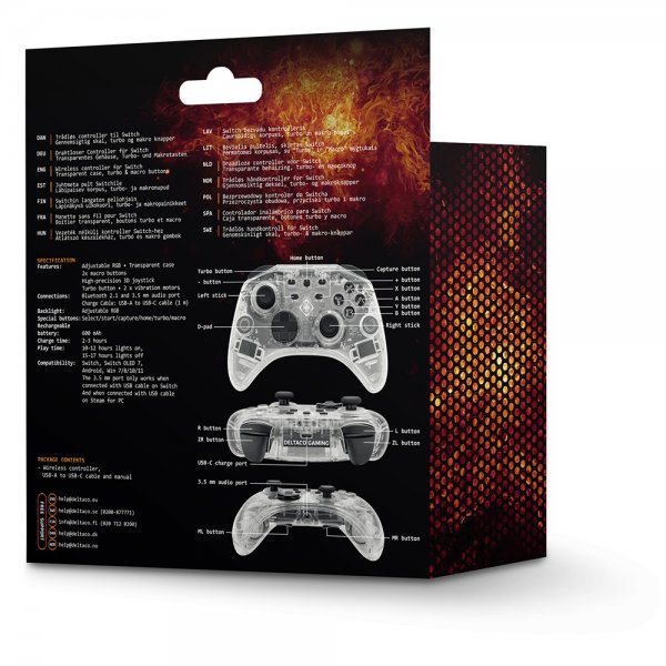 Deltaco Gaming Transparent Wireless Controller for Switch with RGB