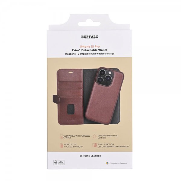 Buffalo iPhone 15 Pro Etui 3 Kortlomme Avtakbart deksel MagSeries Brun