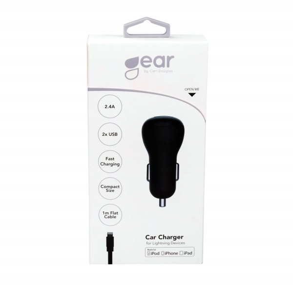Gear Biladekk 2xUSB 2.4A Lightningskabel 1m MFI Svart