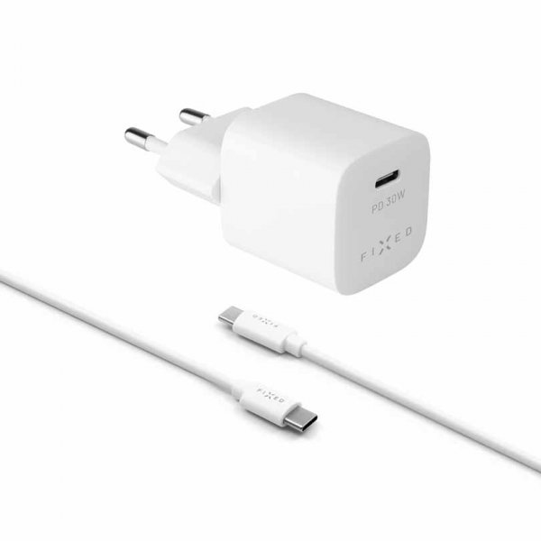 Fixed Lader med Kabel Mini PD Travel Charger Kit USB-C/USB-C 30W Hvit