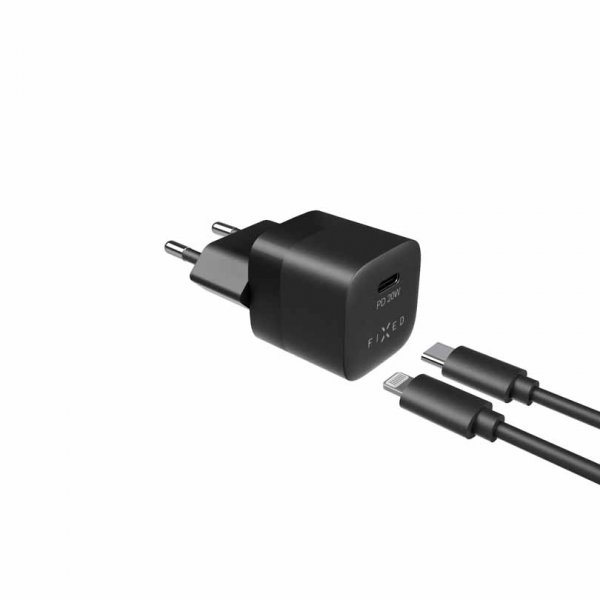Fixed Lader med Kabel Mini PD Travel Charger Kit USB-C/Lightning 20W Svart