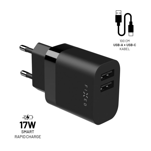 Fixed Lader med USB-C Kabel 1m 2xUSB-A 17W Svart