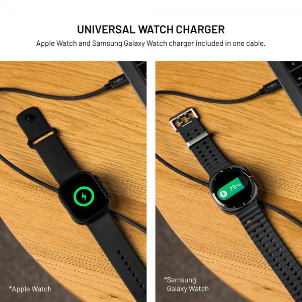 Fixed USB-C Kabel med Smartwatch-lading 1.5m Svart