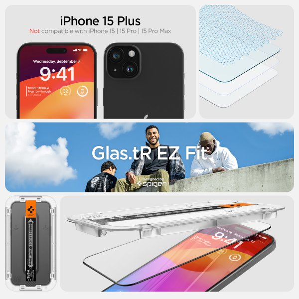 Spigen iPhone 15 Plus Skjermbeskytter GLAS.tR EZ Fit FC Svart 2-pakning