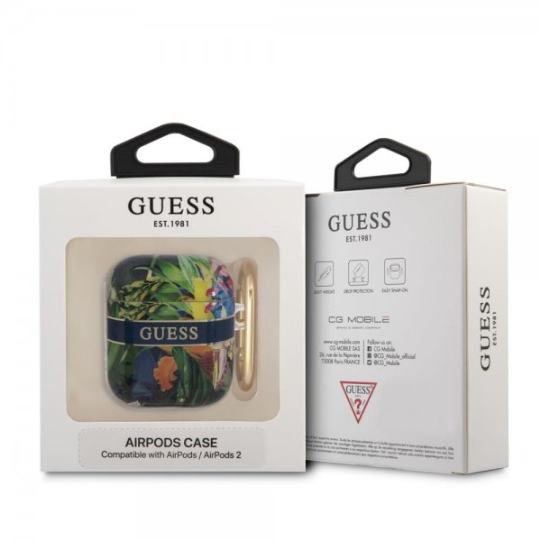 Guess AirPods 1/2 Deksel Flower Print & Gold Hook Blå