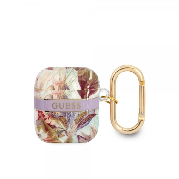 Guess AirPods 1/2 Deksel Flower Print & Gold Hook Lilla