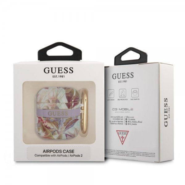 Guess AirPods 1/2 Deksel Flower Print & Gold Hook Lilla