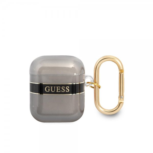 Guess AirPods 1/2 Deksel Printed Stripe & Gold Hook Svart
