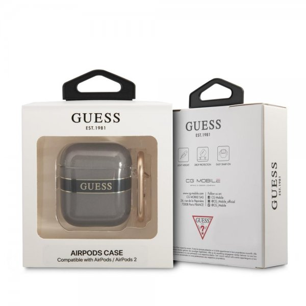 Guess AirPods 1/2 Deksel Printed Stripe & Gold Hook Svart