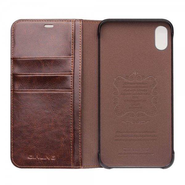 Qialino Ekte Skinn Etui med Kortlomme till Apple iPhone Xs Max Brun