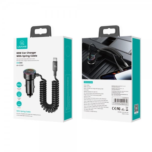 USAMS Mobillader til bil 60W Car Charger with Spring Cable