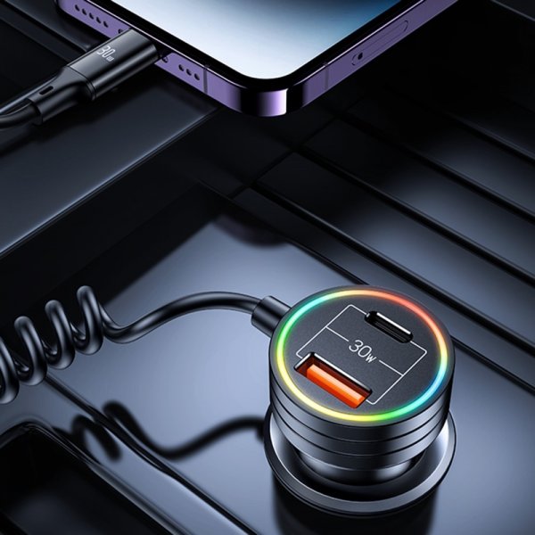 USAMS Mobillader til bil 60W Car Charger with Spring Cable