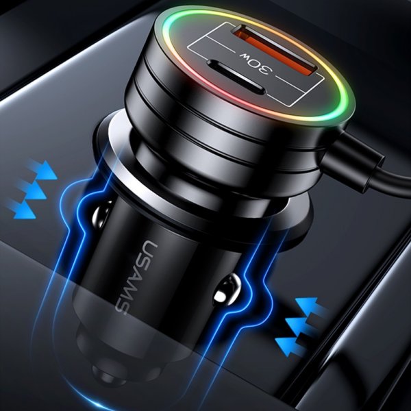USAMS Mobillader til bil 60W Car Charger with Spring Cable