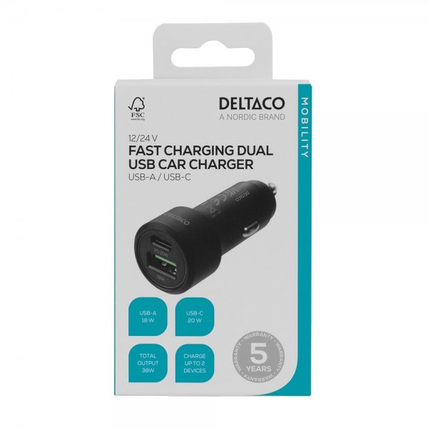Deltaco Mobillader til bil Fast Charging Dual USB Car Charger