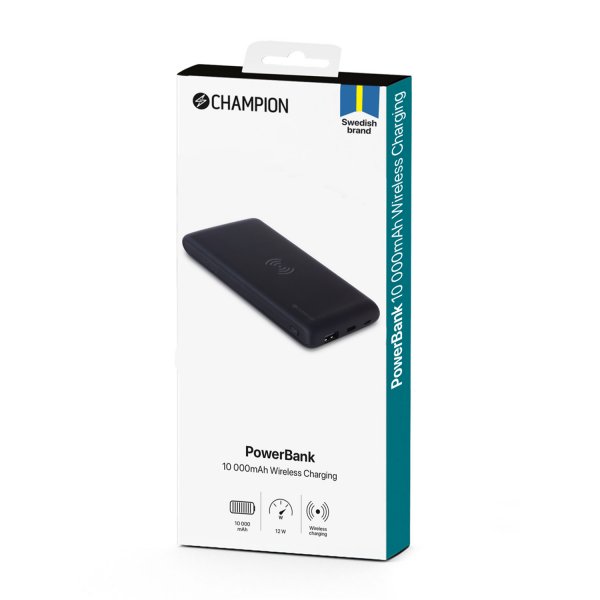 Champion Powerbank Trådløs Lading 10 000 mAh 12W Svart