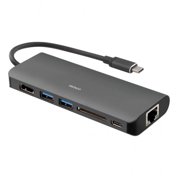 Deltaco Dockingstation USB-C HDMI/RJ45/USB-C Svart