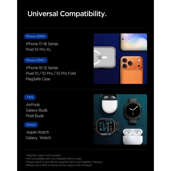Spigen Essential 3-i-1 Sammenleggbar Trådløs Ladestasjon MagSafe Qi2 25W