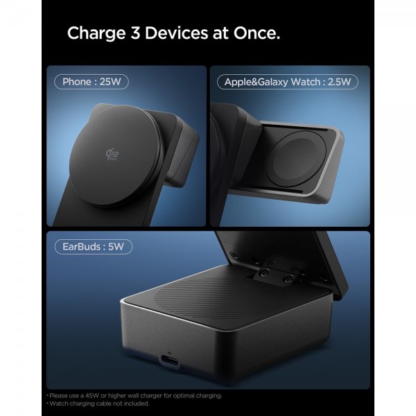 Spigen Essential 3-i-1 Sammenleggbar Trådløs Ladestasjon MagSafe Qi2 25W
