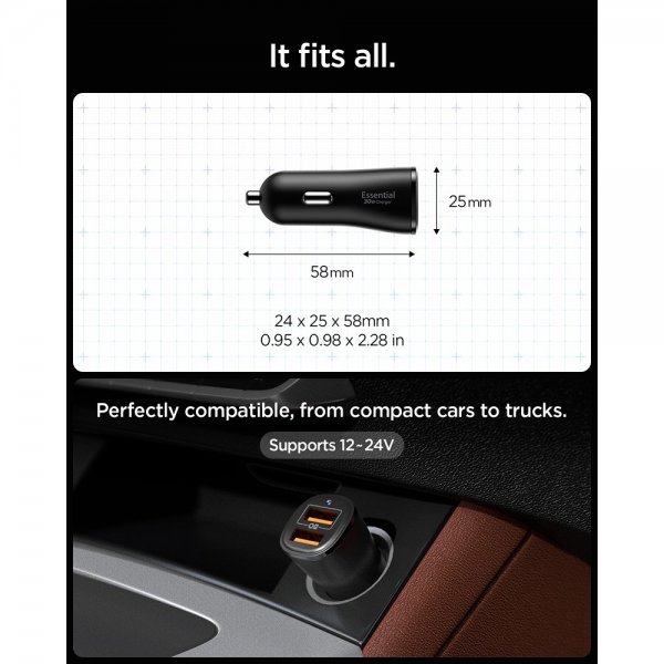 Spigen Essential Mobillader til bil 30W 2xUSB-A Svart