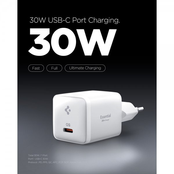 Spigen Essential Lader 30W USB-C Hvit
