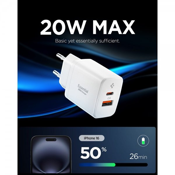 Spigen Essential Lader USB-C/USB-A 20W Hvit