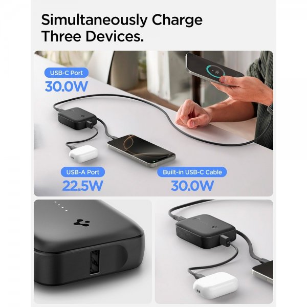 Spigen Essential Powerbank med innebygd Kabel 10 000 mAh 30W Svart
