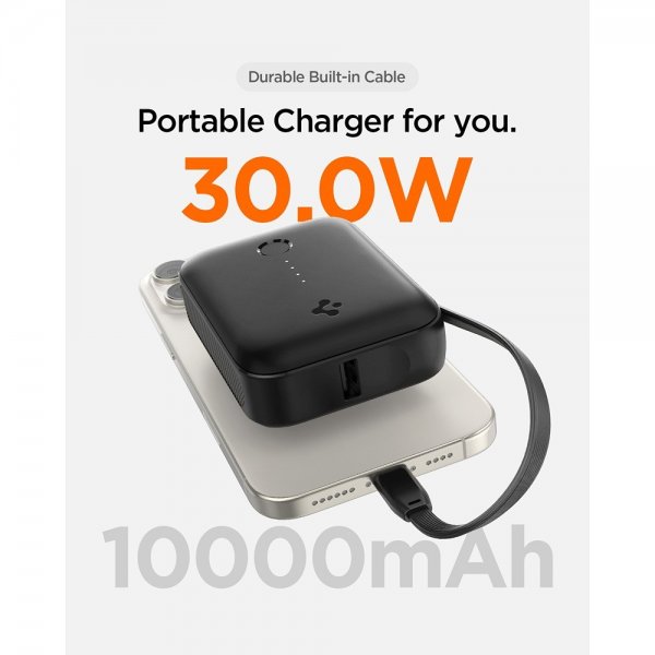 Spigen Essential Powerbank med innebygd Kabel 10 000 mAh 30W Svart