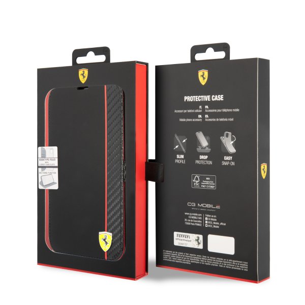 Ferrari iPhone 14 Pro Max Etui Carbon Effect Metal Logo Svart