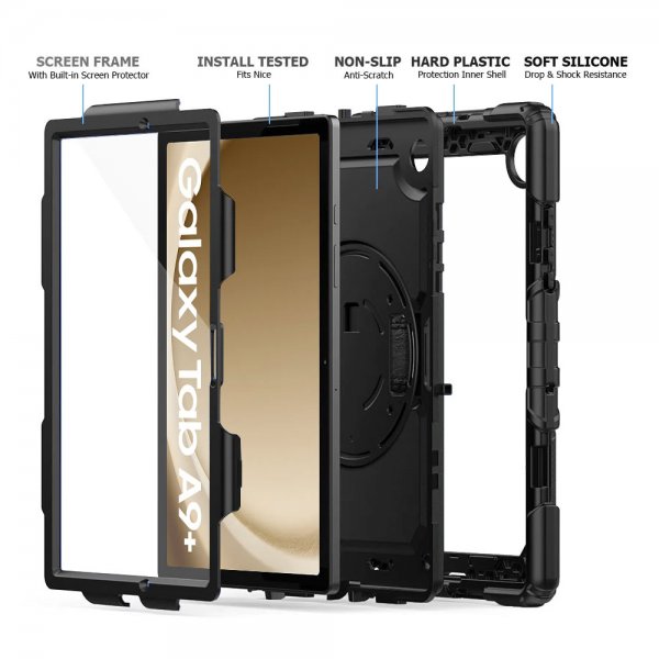 Armor-X Samsung Galaxy Tab A9 Plus Deksel Rainproof Rugged Case Hand Strap Kickstand Svart