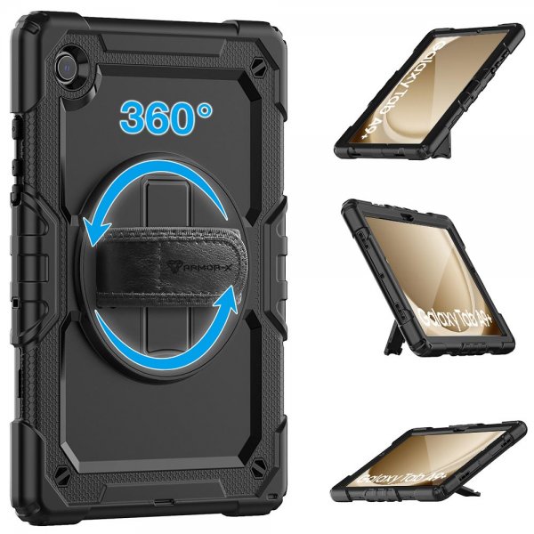 Armor-X Samsung Galaxy Tab A9 Plus Deksel Rainproof Rugged Case Hand Strap Kickstand Svart