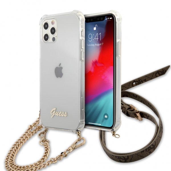 Guess iPhone 12/iPhone 12 Pro Deksel Chain & Script Gull Klar