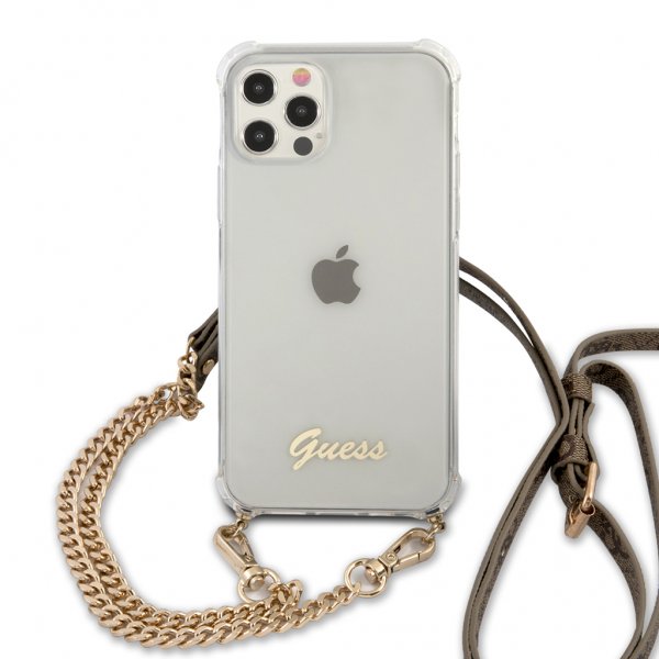 Guess iPhone 12/iPhone 12 Pro Deksel Chain & Script Gull Klar