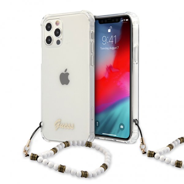 Guess iPhone 12/iPhone 12 Pro Deksel Script & Pearls Hvit Klar
