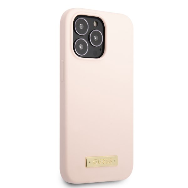 Guess iPhone 13 Pro Deksel Silicone Metal Plate MagSafe Rosa