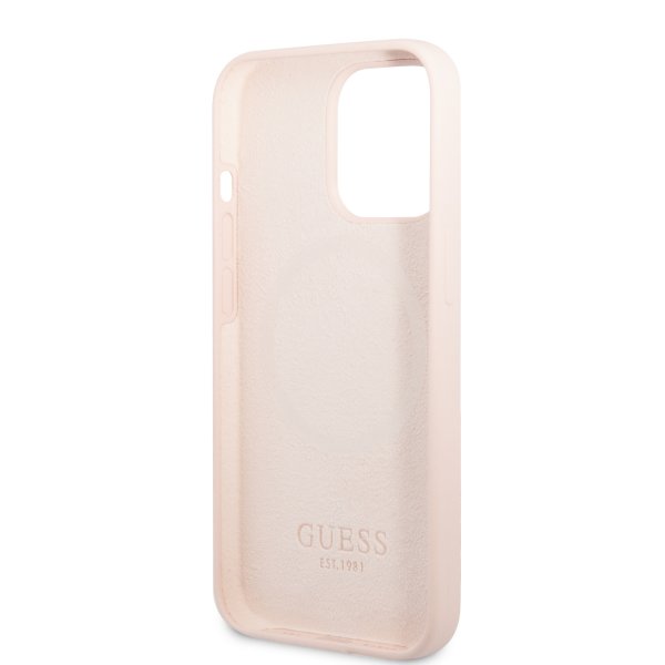 Guess iPhone 13 Pro Deksel Silicone Metal Plate MagSafe Rosa