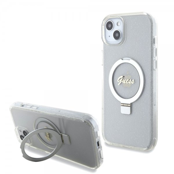 Guess iPhone 15 Plus Deksel Ring Stand Glitter MagSafe Transparent