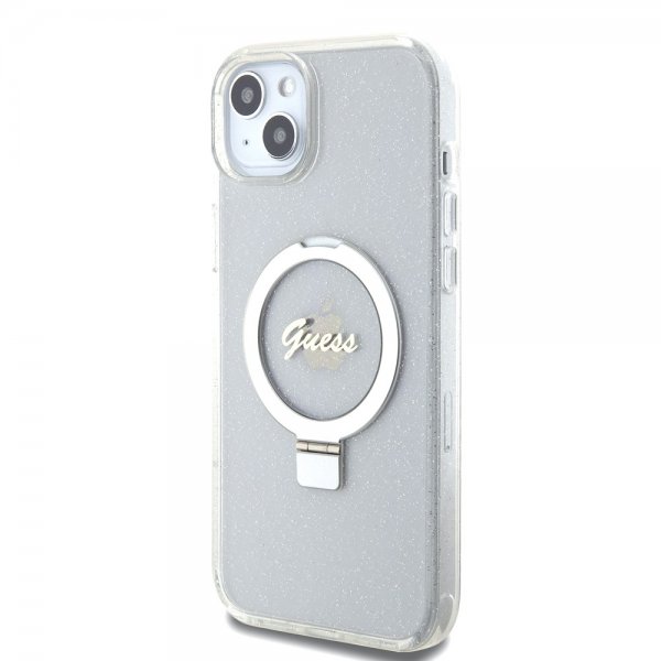 Guess iPhone 15 Plus Deksel Ring Stand Glitter MagSafe Transparent
