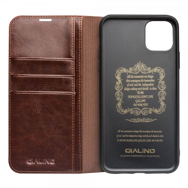 Qialino iPhone 11 Etui Ekte Skinn Kortlomme Brun
