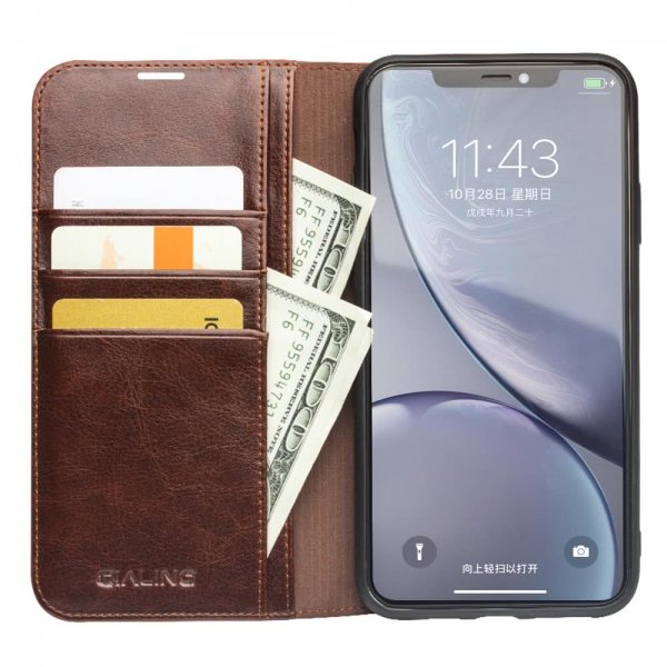 Qialino iPhone 11 Etui Ekte Skinn Kortlomme Brun