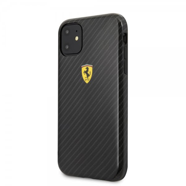 Ferrari iPhone 11 Deksel Karbonfibertekstur Gul Logo Svart